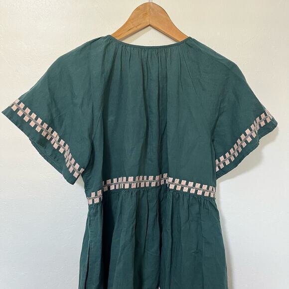 Madewell Embroidered Linen oFlutter Sleeve Mini Dress Size S Evergreen Forest - Picture 8 of 12
